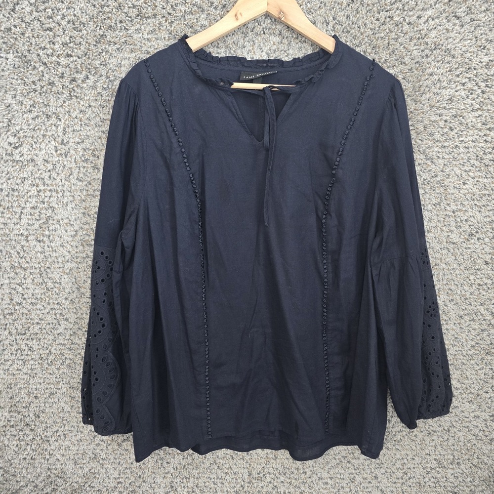 Lane Bryant Top Womens Plus 16 Navy Blue V Neck Blouse Neck Tie Ruffle Casual